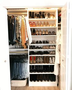 an organized closet with shoes and clothes