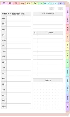 the printable planner is shown in pastel colors and includes notes, lists, and reminders