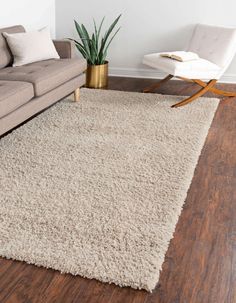 a living room with a couch, chair and rug