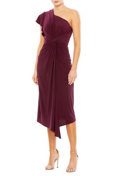 A chic cocktail dress is defined with modern angles from the one-shoulder neck to the slanted hem. 39" length Hidden back-zip closure One-shoulder neck Single short sleeve Lined 100% polyester Spot clean Imported Asian Owned/Founded Fall Formal Wedding, Plum Cocktail Dress, Chic Cocktail Dress, Midi Party Dress, Dress Guide, Western Chic, Daytime Dresses, Midi Cocktail Dress, Bride Clothes