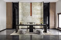 an elegant dining room with marble floors and walls