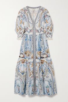 Camilla's maxi dress has been handmade in Australia from airy linen and decorated with the brand's 'Season of the Siren' print, which features delicate florals framed by mosaic archways. It's shirred at the waist and blouson sleeves and falls to a flowing tiered hem. Complement the deep V-neckline with a pendant. Modesty Matters, Camilla Clothing, Fun Dresses, Sunday Dress, Silk Maxi, Linen Maxi Dress, Beauty Clothes, Silk Maxi Dress, Wild Flower