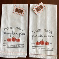 two kitchen towels with the words home made pumpkin pie and baked fresh daily on them