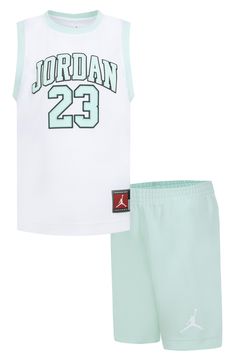 An appliquéd 23 brings winning energy to a ringer jersey paired with long mesh shorts and sized for your little champion. Shorts have elastic waist 100% polyester Machine wash, tumble dry Imported Team-colored Cotton Athletic Shorts For Sports, Cotton Sports Sets For Sports Season, Casual Cotton Athletic Shorts For Basketball, White Cotton Athleisure Sets, Collegiate Athletic Shorts For Summer Sports, Collegiate Style Athletic Shorts For Summer Sports, Green Cotton Sporty Sets, Sporty Moisture-wicking Summer Sets, Collegiate Cotton Athletic Shorts For Sports