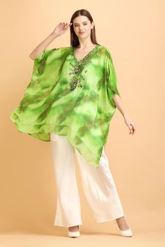 Green batwing sleeves thigh length chiffon kaftan with all over cosmic print, hand embroidered neckline detailing and an asymmetric hem. Comes with an inner slip and an ivory satin palazzo. - Aza Fashions Kaftan Set, Chiffon Kaftan, Embroidered Neckline, Fashion App, Batwing Sleeve, Bat Wings, Set For Women, Asymmetric Hem, Aza Fashion