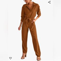 Elegant Long Sleeve Jumpsuits For Women / Fall Jumpsuits 2023 / Wide Leg Pant Romper Jumpsuits / Pants Romper For Women / V Neck Rompers For Women / Dressy Jumpsuits For Women / Cocktail Jumpsuits For Women Evening / With Sides Pockets / Lapel Collar / High Waist / Button Zip Closure / Solid Color . Size Large Fall Workwear Solid Color Jumpsuits And Rompers, Fall Workwear Jumpsuits And Rompers In Solid Color, Brown Jumpsuits And Rompers For Spring Workwear, Fall Office Jumpsuits And Rompers With Pockets, Trendy Solid Color Jumpsuit For Workwear, Trendy Brown Jumpsuits And Rompers For Work, Jumpsuits 2023, Dressy Jumpsuits, Cocktail Jumpsuit