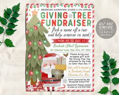 a christmas tree fundraiser flyer is shown with green leaves on the side and an image of santa