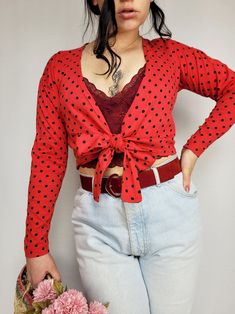 Vintage 90s red polka dot wrap blouse top Top is in great vintage condition. SIZE. Model usually wears UK 10-12 / S-M / US 6-8, top could fit UK 10-12 / S-M / US 6-8. Please, check the measurements before buying. MEASUREMENTS. Bust - 86 cm, length - 42 cm. Item is made from 100% cotton. Color may differ slightly depending on the color calibration of the device you're viewing on. If You have more questions about products or shipping, please drop me a message. Wish You great shopping, Mellina Trendy Polka Dot V-neck Top, Retro Polka Dot Tops For Spring, Spring Polka Dot Retro Tops, Vintage Polka Dot Tops For Spring, Boho Tunic Tops, Cute Boutiques, Shirt Blouses Tops, Boho Tunics, Retro Women