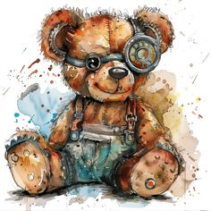 a watercolor painting of a teddy bear with goggles and overalls sitting on the ground