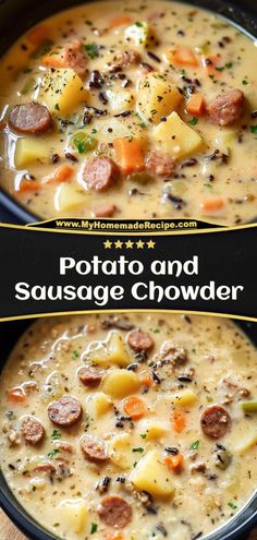 🥔 Rich, creamy potato chowder loaded with savory sausage. This hearty soup is pure comfort in a bowl. Perfect for cold nights when you need something warm and filling to hit the spot. Ingredients: 1 lb smoked sausage 6 large potatoes, diced 4 cups chicken broth 1 cup heavy cream Warm up with a bowl of this creamy, cozy goodness! 🥣✨ Sausage Chowder, Potato And Sausage, Chicken Potato Soup, Sausage Potato Soup, Sausage Soup Recipes, Smoked Sausage Recipes, Potato Chowder, Winter Soup, Loaded Potato Soup