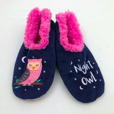 Nwt, New With Tags. Snoozies Sales Samples. Cute Snoozies Pairables "Night Owl" Women's Medium 7/8 Slippers Are Navy Blue With Pink Sherpa Lining. One Slipper Has A Sweet Pink Owl Appliqued Sitting On An Embroidered Tree Branch. A Crescent Moon And Stars In White Are Around The Owl. The Other Slipper Has Crescent Moons And Stars And The Words In White "Night Owl." If You Are An Night Owl Or Know Someone Who Is, These Comfy, Warm And Non-Skid Fun Slippers With Non-Skid Soles. Brand Snoozies Cozy North Face Slippers, Embroidered Tree, Owl Women, Fun Slippers, Owl Applique, Pattern Flip Flops, Pink Sherpa, Ladies Slippers, Moons And Stars