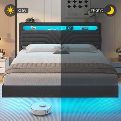 an image of a bed that is in the middle of night and has blue lights on it