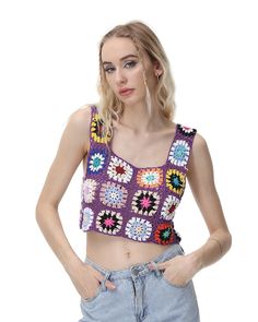 Model (WearingOne Size):•Â?/span>Height: 178cm | Bust: 89cm | Waist: 60cm | Hip: 89cmDetails: Square-neck crochet top with colorful floral patternsLength: CroppedSleeve Length: SleevelessMaterials: 95% Cotton + 5% Spandex Multicolor Sleeveless Knit Top For Summer, Casual Purple Crochet Top For Summer, Fitted Multicolor Crochet Top With Granny Square, Multicolor Cropped Crochet Top For Vacation, Fitted Multicolor Granny Square Crochet Top, Fitted Multicolor Crochet Top With Crochet Trim, Multicolor Knit Top For Summer, Casual Purple Crochet Top For Vacation, Sleeveless Granny Square Tops For Spring