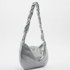 Shoulder Bag With Shiny Metallic Mesh Exterior. Braided Shoulder Strap. Zip Closure. Chic Silver Zara Shoulder Bag, Silver Zara Shoulder Bag For Evening, Zara Silver Evening Shoulder Bag, Zara Silver Shoulder Bag For Evening, Chic Silver Bag For Summer, Chic Silver Bags For Summer, Glamorous Summer Clutch Bag, Trendy Hobo Bag For Party, Trendy Hobo Shoulder Bag For Party