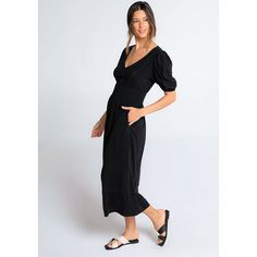 Pretty, vintage-inspired midi dress in a linen blend. Fun Events, Black Linen, Trim Detail, Beautiful Soul, Spring Season, Effortless Style, Linen Blend, Vintage Black, Puff Sleeve