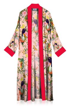 Elegant and Timeless! Kyle x Shahida long satin robe with Bird Print contrast Color Shawl collar; wrap front. Long Sleeves. Self-tie sash at waist. Relaxed silhouette. Hem falls below knees. Hand wash. Imported Robe DETAIL - HANDMADE & HANDCRAFTED Luxury Loungewear & Loungewear Sets for Women: Elegant and Timeless, we can see why silk coats and Silk Duster and lightweight silk jacket are designer Kyle X Shahida brand signature. This iteration is made of lustrous Viscose silk-satin and fe Spring Silk Kimono For Daywear, Spring Long Silk Kimono, Spring Silk Long Kimono, Long Silk Kimono For Spring, Elegant Silk Robe For Spring, Elegant Silk Spring Robe, Long Pink Silk Robe, Spring Silk Kimono With Kimono Sleeves, Silk Long Sleeve Floral Print Kimono