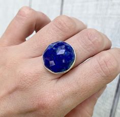 Stunning Large Round Cobalt Blue Faceted Lapis Lazuli Sterling Silver Statement Ring | Blue Gemstone Ring | Birthstone Ring by GildedBug on Etsy Sapphire Lapis Lazuli Jewelry With Faceted Details, Faceted Round Sapphire Gemstones, Adjustable Faceted Sterling Silver Gemstones, Sterling Silver Jewelry With Faceted Round Stone, Faceted Blue Sterling Silver Gemstones, Faceted Round Sapphire Jewelry, Faceted Sterling Silver Gemstones, Blue Gemstone Ring, Aquamarine Birthstone