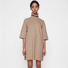 Zara Dress With High Collar And Short Sleeves. Size S: Armpit To Armpit: 18 “Inches. Some Stretchy. Length 36”. 80% Cotton, Brand New With Tags Beige High-neck Dress For Fall, Beige High Neck Dress For Fall, High Neck Beige Dress For Fall, Chic Oversized Mini Dress, Fall Beige High Neck Dress, Beige Short Sleeve Mini Dress For Fall, Beige Mini Dress With Short Sleeves For Fall, Oversized Mini Length Dresses For Daywear, Oversized Chic Knee-length Mini Dress