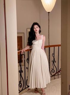 Kukombo Midi Dress Women 2023 Summer New Elegant Lady Fashion Big Swin White Pleated Maxi Dress For Party, White Fitted Pleated Maxi Dress, White Pleated Midi Dress For Party, White Fitted Pleated Midi Dress, Formal White Pleated Maxi Dress, Fitted White Pleated Dress, Pleated Dresses, Korean Clothes, Elegant Lady