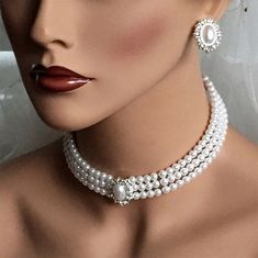 Bridal Jewelry Set Bridal Choker Necklace Earrings Wedding | Etsy Bridal Choker Necklace, Unique Bridal Jewelry, Pearl Jewelry Set, White Victorian, Evening Jewelry, Bridal Choker, Bridal Jewelry Set, Vintage Inspired Jewelry, Pearl Jewelry Sets