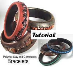 four different types of bracelets with the words polymer clay and gemstones