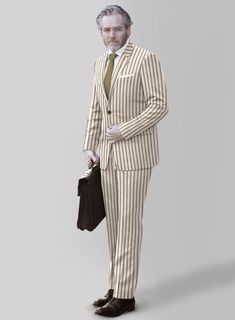 Make every occasion remarkable with our Noble Elena Cream Stripe Wool Silk Linen Suit. Meticulously crafted from a lavish blend of wool, silk, and linen This ensemble features the classic stripe pattern in a rich cream shade, offering a visual texture that is both subtle and striking. It's designed to effortlessly enhance your silhouette, ensuring comfort and ease of movement—a perfect companion for a variety of occasions. Whether attending a close friend's wedding, leading an important business Timeless Beige Linen Suit, Classic Beige Linen Suits, Cream Linen Suit For Formal Occasions, Elegant Tailored Striped Suits, Formal Cream Linen Suit, Cream Linen Suits For Semi-formal Occasions, Elegant Tailored Suits With Vertical Stripes, Elegant Fitted Suit With Vertical Stripes, Elegant Striped Suits For Semi-formal Occasions