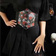 Women's Halloween Skull & Floral Lace Up Wide Belt, Fashion Elastic Waistband For Dress, Waistband For Party, Daily Clothing Decor, Trendy All-Match & Exquisite Belt For Gift Cinto Corset, Halloween Mode, Floral Belt, Belt Fashion, Corset Belt, Punk Grunge, Waist Cincher