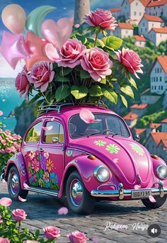 a pink vw bug with flowers on top is parked in front of a colorful village