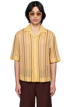 Jacquemus: Yellow Le Raphia 'La Chemise Palha' Shirt | SSENSE Jacquemus Yellow, Shirt Stripes, 2000s Clothes, Woven Cotton, Logo Embroidered, Cotton Weaving, Simple Style, Style Guides, Cotton Shirt