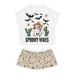 Why pick between comfort or style when you can have both? These women's short pajama two-piece set come with a relaxed fit, a ribbed collar and feature no sleeve seams. Featuring a Halloween style Graphic and matching shorts set. Add this spooky vibes western cowboy ghost pyjama set to your collection, prefect for movie night or as a gift.  .: Material: 95% polyester, 5% spandex This extremely strong and durable synthetic fabric retains its shape and dries quickly.  *Ribbed collar Provides clean Casual Cotton Halloween Sleepwear, Casual Halloween Sleepwear Loungewear, Casual Halloween Sleepwear For Loungewear, Casual Halloween Sleepwear For Lounging, Trendy Halloween Tops For Loungewear, Trendy Halloween Loungewear Tops, Boy Western, Cowboy Ghost, Boo Basket