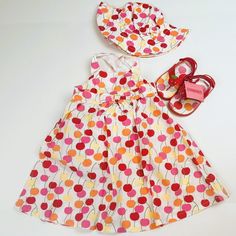 New With Tag, Gymboree 2008 "Cherry Baby " Line. Dress: Material Is 100% Cotton (Woven), Strap Is Adjustable, Machine Washable. Sunhat: Size 12-24 Months, Material Is 100% Cotton (Woven), Chin Strap Is Adjustable, Machine Washable Flip-Flop: Size 5-6, Back Strap Is Adjustable. Shipping Weight:10.2oz Playful Spring Sundress For Playwear, Multicolor Sundress For Summer Play, Multicolor Summer Sundress For Play, Spring Sundress For Playtime, Fun Spring Sundress For Playtime, Playful White Sundress For Beach, Playful Cotton Sundress For The Beach, Playful Cotton Sundress For Beach, Playful Red Sundress For The Beach