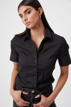 Sleek Relaxed Fit Tops For Workwear, Sleek Relaxed Fit Tops For Work, Fitted Blouse With Shirttail Hem For Business Casual, Fitted Business Casual Tops With Shirttail Hem, Fitted Tops With Shirttail Hem For Workwear, Fitted Shirttail Hem Top For Office, Modern Fitted Blouse With Shirttail Hem, Slim Fit Short Sleeve Top For Business Casual, Fitted Formal Tops With Shirttail Hem