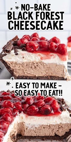 no - bake black forest cheesecake with chocolate and cherries on the top