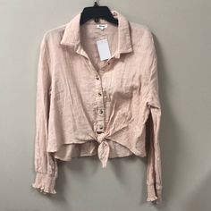 Kenzie Pink Chalk Blouse New With Tags Size L Ch Casual Beige Blouse For Day Out, Feminine Collared Top For Day Out, Spring Button-up Top For Brunch, Casual Button-up Tops For Brunch, Spring Brunch Button-up Tops, Pink Rayon V-neck Blouse, Tan Blouse, Sheer Long Sleeve Top, Black And White Leaves