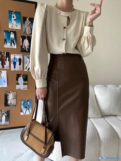 Orcajump - Stylishly Designed Patchwork Cut and Split Leather Skirt Beige Pleated Office Skirt, Beige Pleated Skirt For Office, Beige Fall Office Skirt, Beige Office Skirt For Fall, Types Of Skirts, A Line Skirt, A Line Skirts, Leather Skirt, Split