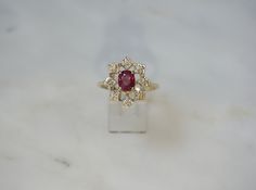 Vintage Oval Gia Certified Cluster Ring, Heirloom Oval Ruby Ring Gia Certified, Gia Certified Heirloom Oval Ruby Ring, Heirloom Oval Gia Certified Ruby Ring, Vintage 14k Gold Gia Certified Rings, Vintage 14k Gold Rings Gia Certified, Vintage Oval Ruby Ring With Halo Setting, Vintage Gia Certified Ruby Ring For Anniversary, Shield Ring