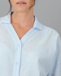 Supersoft light blue linen shirt for women, offering unmatched comfort. Katja is 177 cm/5'8" and wears a size M. All-Day Comfort: Feel the unparalleled comfort with our breathable linen-cotton blend. Stay Cool: Embrace the cool touch of linen’s natural temperature control. Durable Beauty: Enjoy the lasting strength of linen combined with the gentle flexibility of premium cotton. Gentle on Skin: Perfect for sensitive skin, the hypoallergenic blend keeps you fresh and irritation-free Eco-Friendly Light Blue Linen Casual Tops, Casual Light Blue Linen Tops, Spring Blue Plain Shirt, Casual Light Blue Linen Shirt, Light Blue Shirt With Spread Collar, Light Blue Shirt With Relaxed Fit And Spread Collar, Light Wash Linen Button-up Top, Light Blue Collared Blouse With Relaxed Fit, Blue Relaxed Fit Shirt For Loungewear