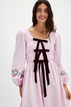 Modest Mini Dress, Mocktail Party, Damson Madder, Exaggerated Sleeves, Pink Embroidery, Bow Dress, Style Maxi Dress, Puffed Sleeves, Dress Ideas