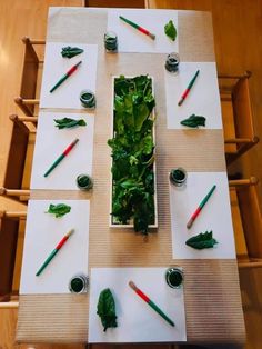 an overhead view of a table with several different vegetables on it and markers in the middle