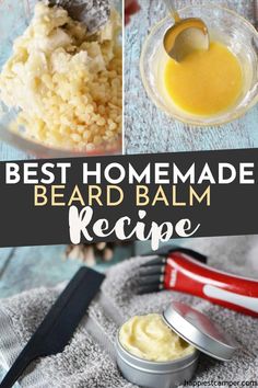 Running low on hubby's usual beard balm but you want him to look dapper before your next date? Why not learn how to make this homemade beard balm from scratch! Check out the full recipe to get started. My husband loves this stuff. It smells better and works longer than the store bought stuff. DIY beard balm. Best Homemade Beard Balm Recipe Beard Mask Recipe, Beard Wax Recipe Diy, Homemade Beard Wash, How To Make Beard Balm, Beard Balm Diy Recipes For Men, Beard Balm Tallow Recipe, Tallow Beard Balm, Beard Butter Recipe Diy