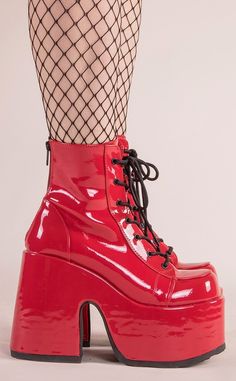 CAMEL-203 Red Patent Ankle Boots-Demonia-Tragic Beautiful Platform Shoes Drawing, Red Platform Boots, Mary Janes Flats, Red Platform Shoes, Chunky Platform Shoes, Punk Festival, Platform Shoes Boots, Demonia Boots, Alternative Shoes