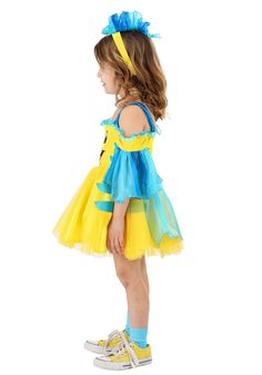 A Fashionable Fish
While Disney's Ariel dreamed of dry land, we wanted to be mermaids! And if your kiddo would rather take it one step further and look like her fish friend instead, we have just what she needs. Our Toddler Flounder Costume Dress puts a fashionable spin on this adorable character's design.
Design & Details
The yellow dress zips down the back for easy wear. The skirt has a glittery tulle overlay, and Flounder's face is printed on the bodice. Ruffled blue fabric at the shoulders and sleeves imitate his fins, and the headband completes the look. Your kiddo will have the very best of ocean fashion when she puts on this delightful outfit! Merida Wig, Disney Flounder, Jasmine Wig, Flounder Costume, Dora And Boots, Ariel Costumes, 4t Dress, Disney With A Toddler, Dry Land