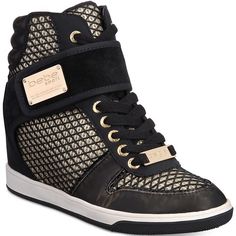 Bebe's Calisto High-Top Sneakers Boost Up A Street-Savvy Look With A Bold Hidden Wedge Heel And Metallic Accents For Added Flash. Round-Toe Lace-Up Hidden-Wedge High-Top Sneakers With Stay-Put Closure And Metallic Hardware At Ankle Strap 3-1/2" Hidden Wedge Heel, 1" Platform, Feels Like 2-1/2" Heel Manmade Upper; Manmade Sole Metallic Gold Shoes, Gold Trainers, Nike Shoes Women Fashion, Hidden Wedge Sneakers, Sneaker Outfits Women, Metallic Sneakers, Gold Sneakers, Shoes Sneakers Nike, Shoes Drawing