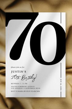 a 70th birthday party card with the number seventy on it's front and back