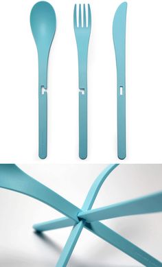 three forks and two spoons are shown in different positions, one is blue the other is green