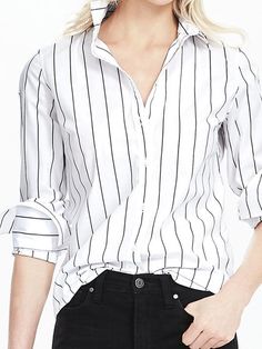 Riley-Fit Bold Stripe Shirt | Banana Republic Classic White Blouse With Roll-up Sleeves, Chic Collared Business Casual Shirt, Chic Business Casual Shirt With Collared Neckline, Chic Collared Shirt For Business Casual, Fitted Blouse With Shirttail Hem For Business Casual, Chic Button-up Business Casual Shirt, Chic Business Casual Button-up Shirt, Classic Spring Shirt For Work, Chic Button-up Shirt For Business Casual