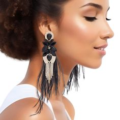 Tassel Black Feather Glass Earrings for Women Elegant Black Fringe Chandelier Earrings, Elegant Black Feather Jewelry, Adjustable Beaded Chandelier Earrings For Party, Black Fringe Earrings For Party, Party Black Fringe Earrings, Glamorous Party Jewelry With Feathers, Black Fringe Jewelry, Black Beaded Chandelier Earrings For Party, Black Feather Jewelry For Party