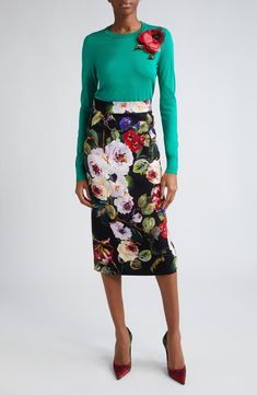 Plucked from the '60s-inspired 'Flower Power' collection, this Italian-silk sweater features a stunning rose appliqué decorated in lustrous beads and sequins. Crewneck Long sleeves Ribbed cuffs and hem 100% silk Dry clean Made in Italy Designer Clothing Charmeuse Dress, Silk Sweater, Garden Vines, Classic Black Dress, Lace Pencil Skirt, Stretch Pencil Skirt, Printed Pencil Skirt, Pencil Skirt Black, Fabulous Dresses