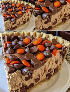 there is a pie with chocolate and candy on it