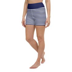 Berry Jane Women's Mid-thigh Swim Shorts. These cute, timeless nautical stripe swim shorts are a perfect coverup for SUP paddle boarding, swimming, or lounging. These shorts offer UPF 30+ Sun protection with a high-waisted, mid-thigh length. The slimming effect keeps you looking great while enjoying the salt air and sunshine! Details: High waist (sits at the natural waist) Wide waistband Inseam length 4 3/4" (Size S) For more fit and sizing info, check out our size chart Features: 82% polyester, Navy Bottoms With Built-in Shorts For Beach, Striped Bottoms With Built-in Shorts For Poolside, Navy Athletic Shorts For Summer Beach Activities, Navy Short Swimming Bottoms, Striped Swim Bottoms For Beach Season, Striped Swimming Bottoms For Beach Season, Blue High-waisted Swim Shorts For Swimming, Striped Bottoms For Swimming And Beach Season, Summer Swimwear With Short Legs For Vacation